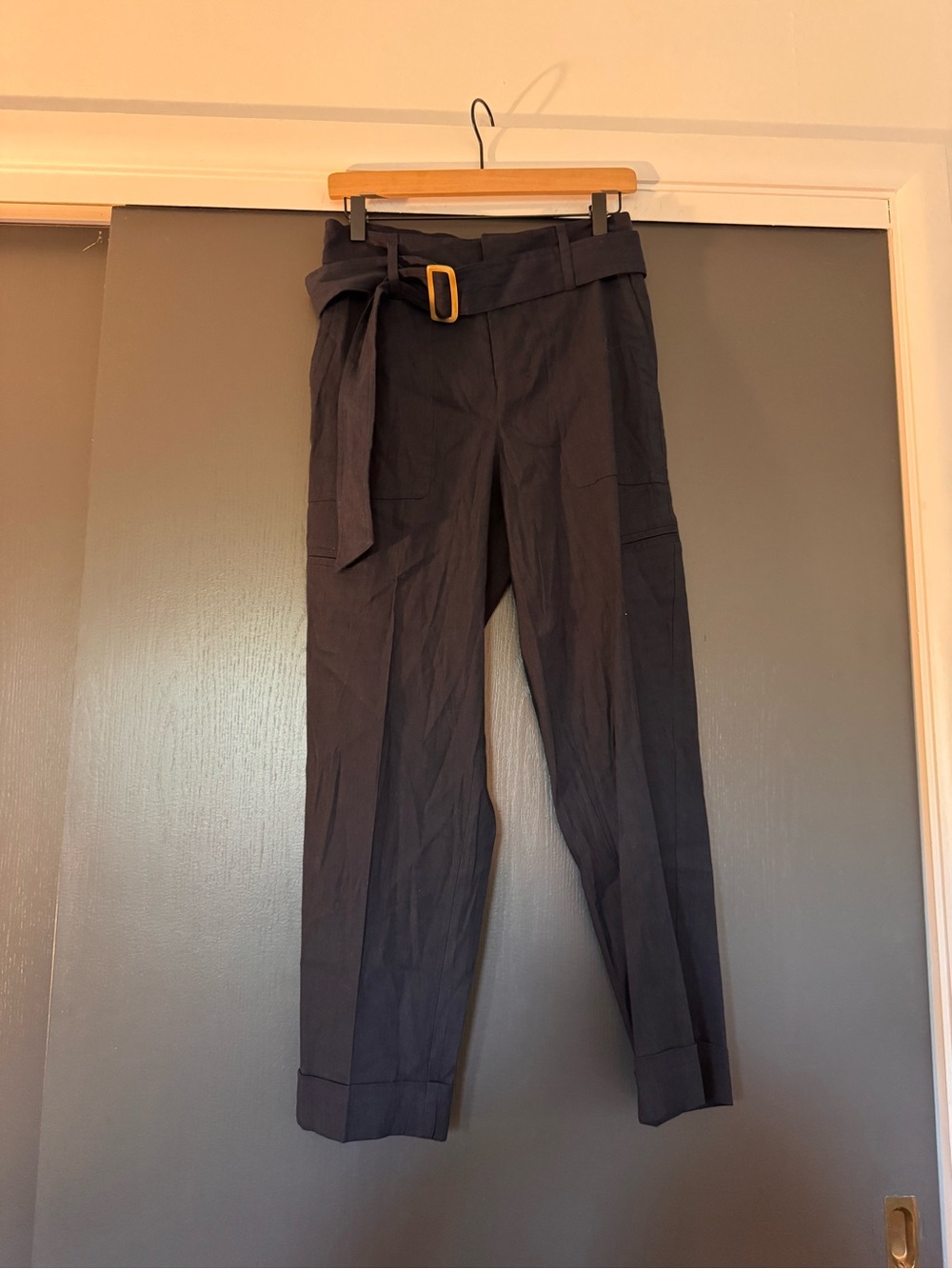 Vince Linen Blend Paper Bag Belted Cargo Pants sz S